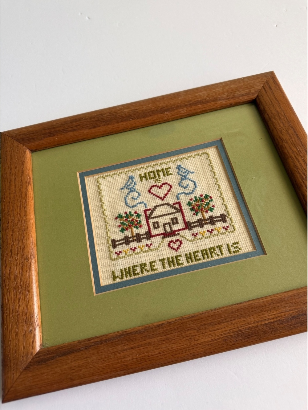 Vintage Framed Cross Stitch Home Is Where The Heart Is Cottagecore Grandmacore